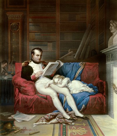 Portret van keizer Napoleon I (1769-1821) en zijn zoon koning van Rome Napoleon II, hertog van Reichstadt (1811-1832) slapend op zijn schoot. Gravure uit de 19e eeuw Malmaison, musee du chateau door French School