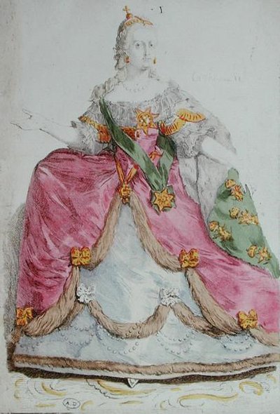 Portret van Keizerin Catharina II (1729-96) de Grote van Rusland, eind 18e eeuw (gekleurde gravure) door French School
