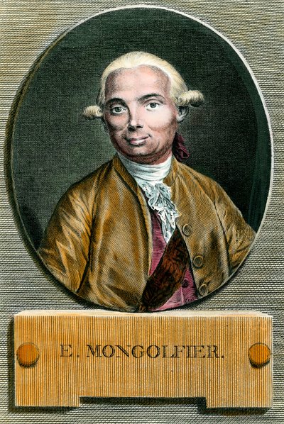 Portret van Etienne de Montgolfier (1745 - 1799), uitvinder van de heteluchtballon. Gravure uit de 18e eeuw. Privécollectie. door French School