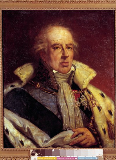 Portret van Francois - Alexandre - Frederic, Hertog van La Rochefoucauld Liancourt, econoom (1747 - 1837) afgebeeld in kostuum van Pair de France onder de Restauratie. Versailles. Musée du Château door French School