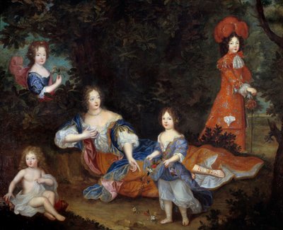 Portret van Françoise Athénaïs de Rochechouart de Mortemart, Markiezin de Montespan (1640-1707) en haar kinderen de Hertog van Maine, de Graaf van Vexin, juffrouw van Tours en juffrouw van Nantes. Schilderij van de Franse School door French School