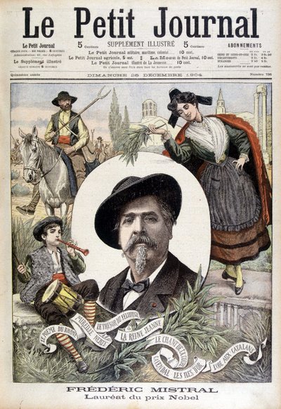 Portret van Frédéric Mistral, omringd door Provençaalse personages (gardian, fifre en Mireille) - in 