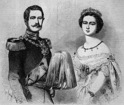 Portret van Frederik Willem van Pruisen (1831-1888, toekomstige Frederik III, koning van Pruisen en Duitse keizer) en zijn verloofde, prinses Victoria van Engeland (1840-1901). Gravure in 