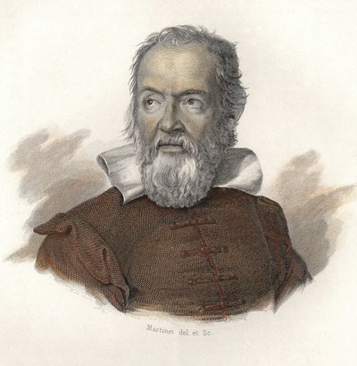 Portret van Galileo Galilei genaamd Galilei (1564-1642), natuurkundige, wiskundige en Italiaanse astronoom. in “Portretten van Nuttige Mannen” door French School