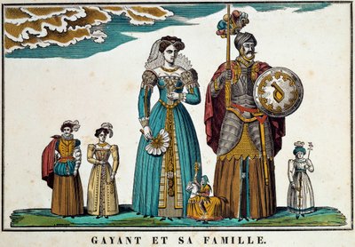 Portret van Gayant, een reus die de stad Douai symboliseert, afgebeeld met zijn familie: zijn vrouw, Marie Cagenon, en zijn drie kinderen, Jacquot, Fillon en Binbin. 18e-eeuwse gravure, beeldvorming door Belfort. Ferrand Collectie door French School