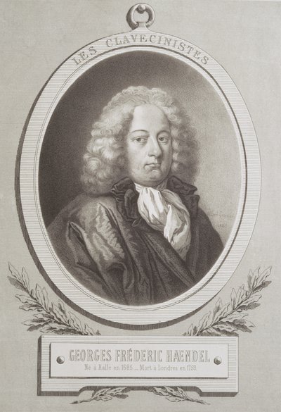Portret van George Frederick Handel, frontispice van een muziekpartituur door French School