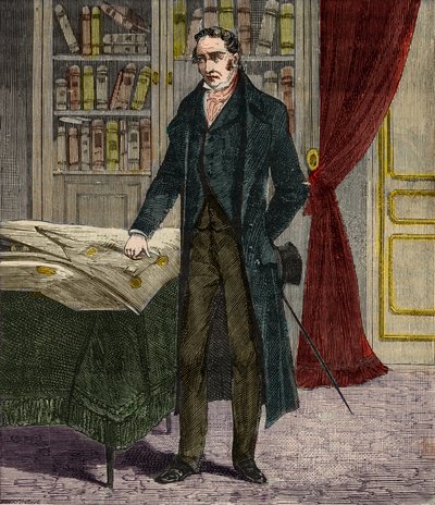 Portret van George Stephenson (1781-1848), Britse ingenieur en pionier van spoorweglocomotieven - Gravure in 