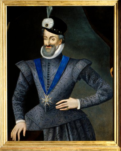 Portret van Hendrik IV (1553-1610) koning van Frankrijk. Hij draagt de ketting van de Orde van de Heilige Geest. Anoniem Frans schilderij uit de 17e eeuw. door French School