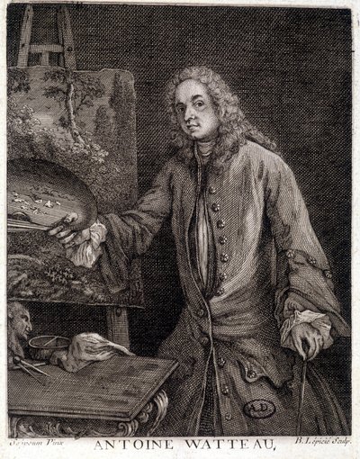 Portret van Jean Antoine Watteau (1684-1721), Franse schilder - gravure door French School
