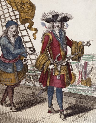 Portret van Jean Bart (1650-1702) met een brandende lont in zijn mond tijdens een zeeslag (kleurgravure) door French School
