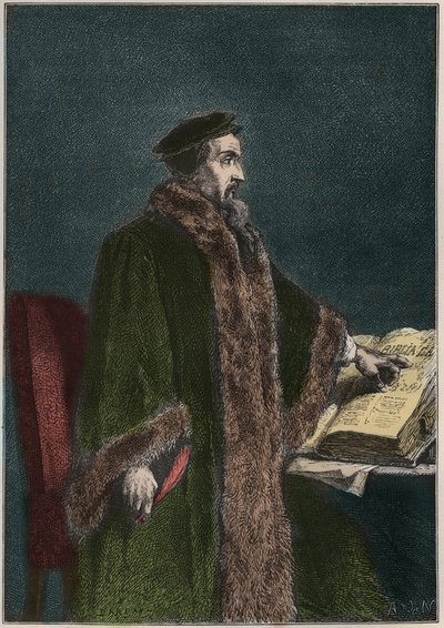 Portret van Jean Calvin (Jean Cauvin) (1509-1564), Franse religieuze hervormer en schrijver - John Calvin - gravure uit L