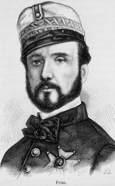 Portret van Juan Prim y Prats, Spaanse generaal en politicus (1814-1870) - in “The History of France” door Henri Martin door French School