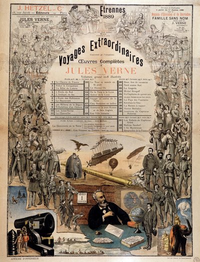 Portret van Jules Verne en scènes uit zijn werken - Reclameposter voor zijn volledige werken door French School