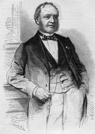 Portret van Louis Christophe François Hachette, Franse uitgever. Gravure in "Le Monde Illustré" nr. 383 van 13 augustus 1864 door French School