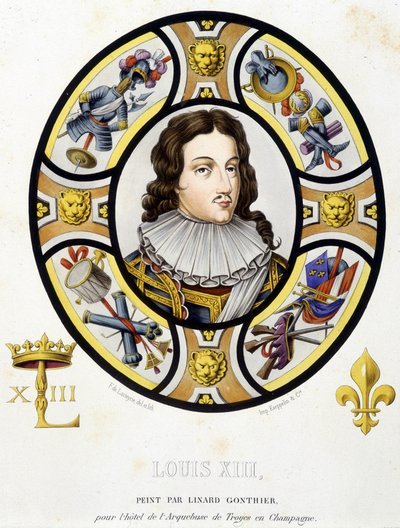 Portret van Lodewijk XIII Koning van Frankrijk (1601-1643). Facsimile van een glas-in-lood uit de Middeleeuwen in “Histoire de la peinture sur verre” by Ferdinand de Lasteyrie door French School