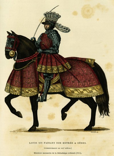Portret van Lodewijk XII koning van Frankrijk (1462-1515), die zijn intrede doet in Genua op 26 augustus 1502. Kleuren gravure naar een miniatuur manuscript van de nationale bibliotheek (1515), in 
