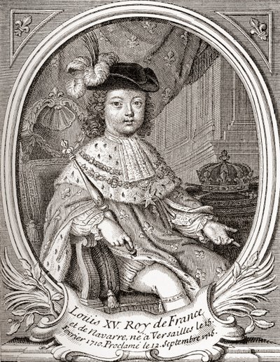 Portret van Lodewijk XV als kind, 1710-1774. Bourbon monarch die regeerde als koning van Frankrijk en Navarra. Uit Les Heures Libres, gepubliceerd 1908. door French School