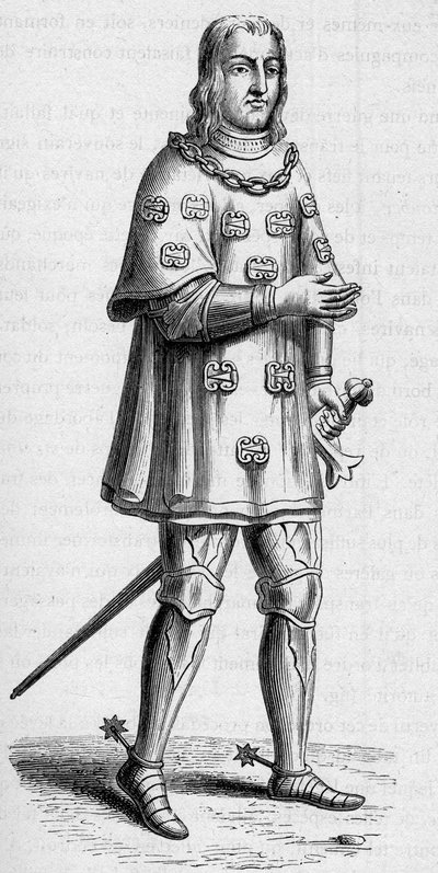 Portret van Louis de Malet, heer van Graville (ca. 1441-ca. 1519), admiraal van Frankrijk in 1487, in oorlog- en toernooikostuum. Gravure in 