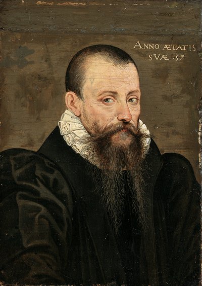 Portret van Michel Eyquem de Montaigne (1533-1592), 57 jaar oud, klein halflang, in zwart kostuum en een witte kraag door French School