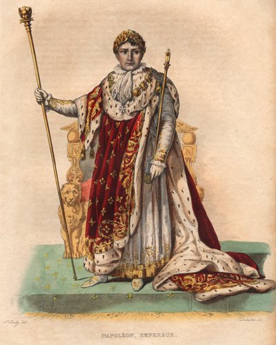 Portret van Napoleon I (Napoleon Bonaparte) (1769-1821), Keizer van de Fransen, in keizerlijke gewaden. door French School