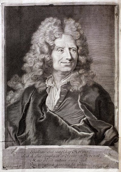 Portret van Nicolas Boileau, ook bekend als Boileau Despreaux (Boileau-Despreaux) (1636-1711) dichter, schrijver. Gravure ter illustratie van de Werken van M. Boileau Despreaux, met historische illuminaties, Deel 1, editie Fabre et Barillot. door French School