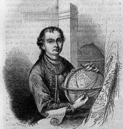 Portret van Pierre (Peter) Anich (1723-1766), Tiroler astronoom en cartograaf, met een globe en een kompas. Gravure in 