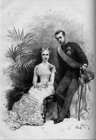 Portret van prinses Stephanie van België (1864-1945) en aartshertog Rodolphe van Oostenrijk (1858-1889). Gravure in 