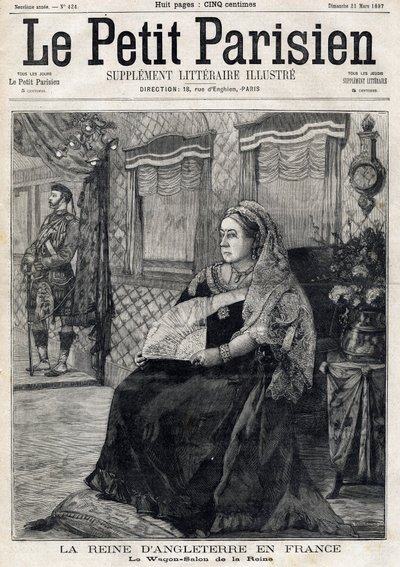 Portret van koningin Victoria van Engeland (1819-1901), reizend door Frankrijk in haar Wagon Salon. Voorpagina van de Franse krant Le petit Parisien. 21 maart door French School