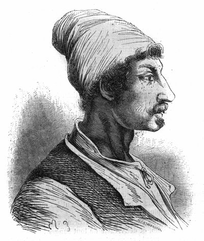 Portret van Tommaso Aniello, bekend als Masaniello, een Napolitaanse visser, hij leidde de opstand tegen de Spanjaarden in Napels in 1647. Gravure uit 1852. door French School