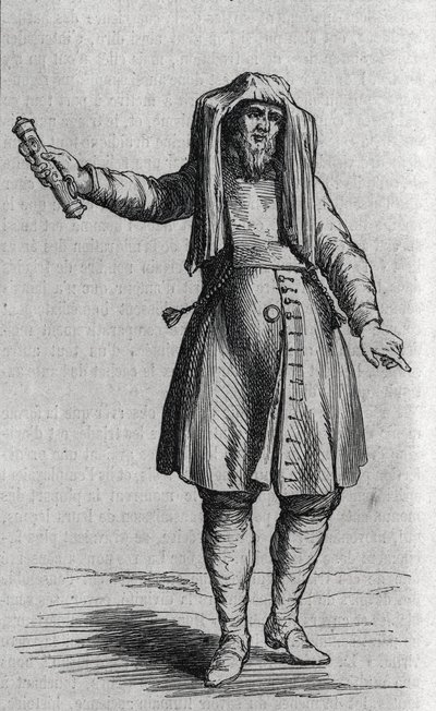 Portret van een Joodse man die de Mezuzoth (Mezouzoth, Mezouzah, Mezouza) vasthoudt. Gravure in 