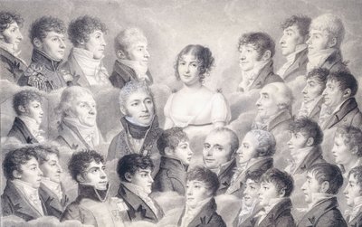 Portret van een jonge dame omringd door haar bewonderaars door French School