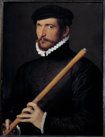 Portret van een blinde fluitist door French School