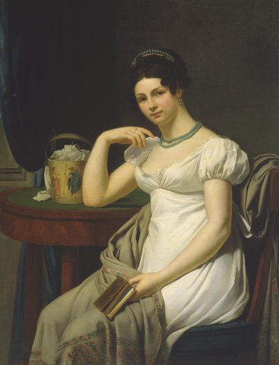 Portret van een vrouw in een interieur met een werkmand door French School