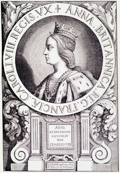 Portret van de koningin van Frankrijk Anne van Bretagne (1477-1514). Gravure uit Louis XII et Anne de Bretagne door Paul Lacroix, ed. Georges Hurtrel door French School