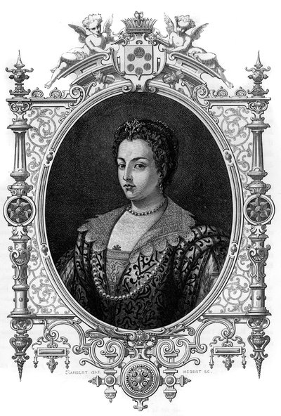 Portret van de Venetiaanse Bianca Cappello (1548 - 1587), vrouw van Francois de Medicis (Francesco de Medici). Gravure uit 1862 in 