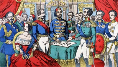 Portret van de soevereinen van Europa tijdens het Vredesverdrag in 1856: van links naar rechts, Victor Emmanuel II, koning van Sardinië, Victoria, koningin van Engeland, Napoleon III, Turkse keizer, Alexander II, koning van Rusland door French School