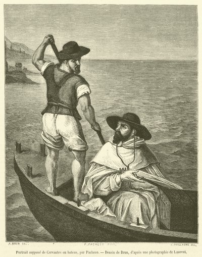 Vermeend portret van Cervantes in een boot (gravure) door French School