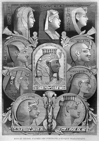 Portretten van oude Egyptische koninginnen en koningen, uit LEgypte van Georg Moritz Ebers (1837-98), 1881 door French School