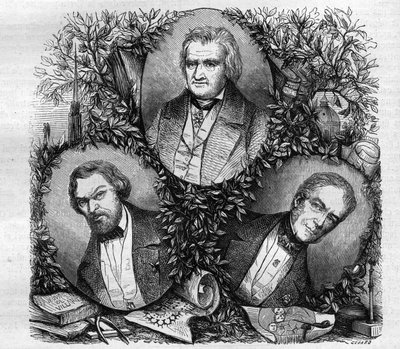 Portretten van Jean Baptiste Antoine Lassus (1807-1857), Franse architect (links); Charles Lacretelle Jeune (1766-1855), Franse historicus en advocaat (midden); en Baron Auguste Gaspard Louis Desnoyers (1779-1857), Franse graveur. Gravure uit 1858. door French School