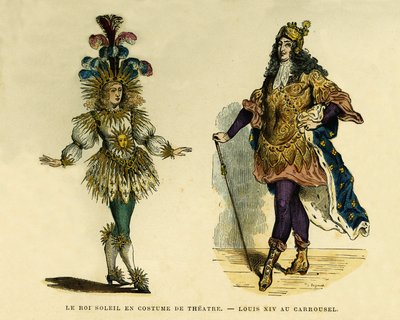 Portretten van koning Lodewijk XIV (1638-1715), in theaterkostuum en carrousel. Kleuren gravure, in 