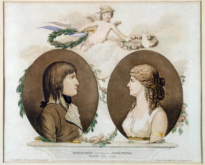 Portretten van Napoleon Bonaparte (1769-1821) en Joséphine de Beauharnais (1763-1814) getrouwd in 1796. Anonieme aquarel rond 1800. Malmaison, kasteel museum door French School