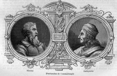 Portretten van Nicolaas de mysticus (10e eeuw) en Euthymius van Athos (955-1028), patriarchen van Constantinopel. Gravure in 