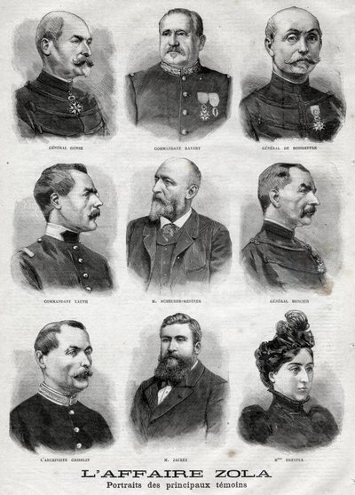 Portretten van de belangrijkste getuigen in de Dreyfus-Zola-affaire in Le Petit Journal, 27 februari door French School