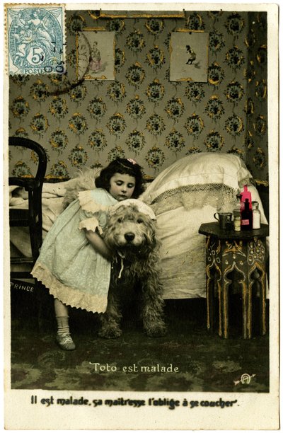 Ansichtkaart: Toto is ziek, hij is ziek, zijn meesteres dwingt hem naar bed te gaan, Prins door French School