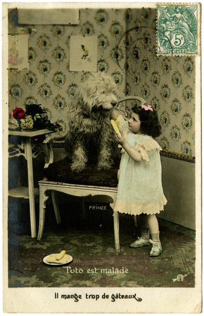 Ansichtkaart: Toto is ziek, hij eet te veel taart, Prince (gedrukt papier) door French School