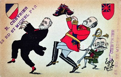 Ansichtkaart met president Loubet, koning Edward VII en Theophile Delcasse, mei 1903 door French School