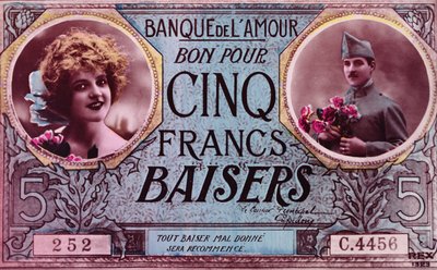 Ansichtkaart in de vorm van een bon voor vijf kusjesfranken van de Bank of Love, 1914-18 door French School