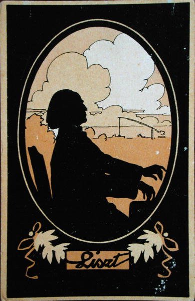 Ansichtkaart van Franz Liszt (1811-86) met het Hongaarse platteland op de achtergrond, ca. 1910 door French School