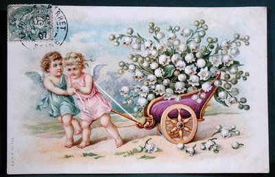 Ansichtkaarten met Cherubs die een wagen vol Lelietjes-van-dalen trekken door French School