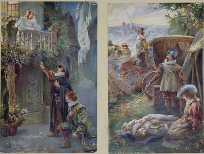 Ansichtkaarten met Cyrano de Bergerac, Roxanne en de dood van Christian, ca. 1900 door French School